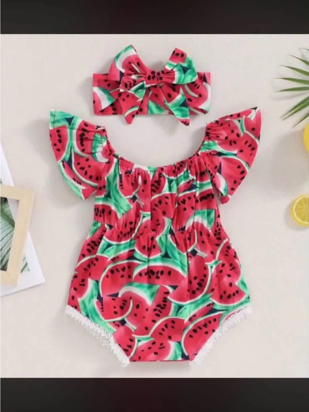 Watermelon Print Pink & Green Baby One-Piece with Headband
